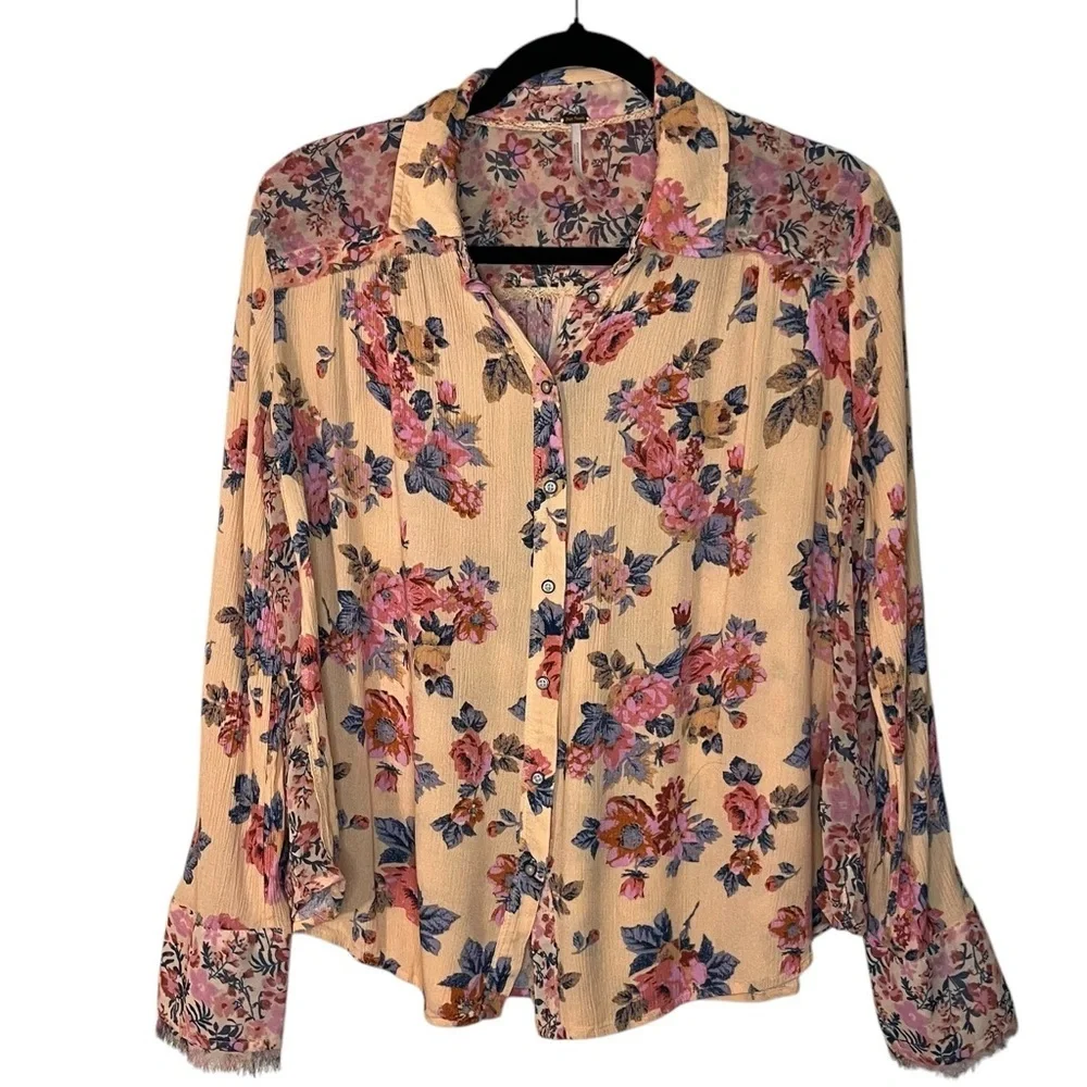 Free People Coral Hold On To Me Floral Printed Button Down Top Size M